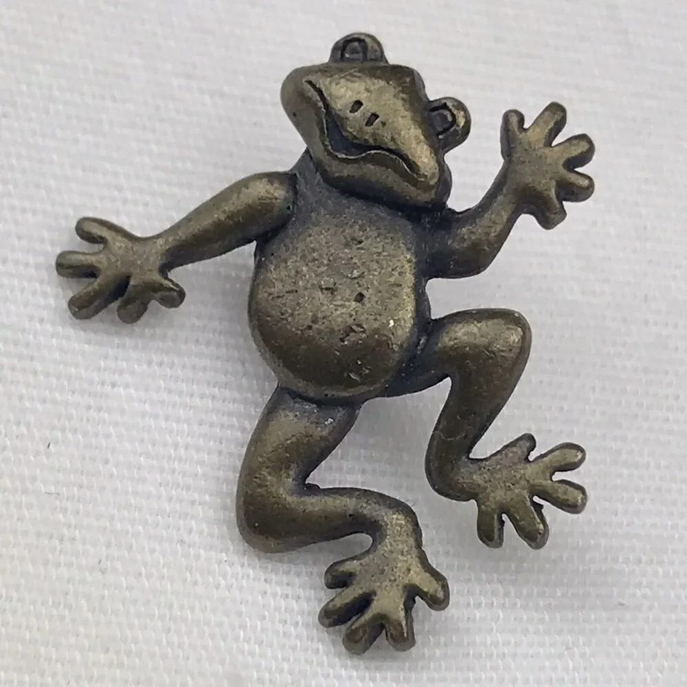 JJ Frog Pin Antiqued Bronze Jumping Pose Whimsical Vintage Brooch